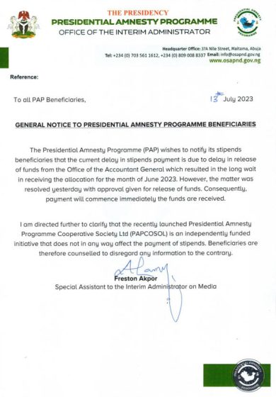 General Notice To Presidential Amnesty Programme Beneficiaries